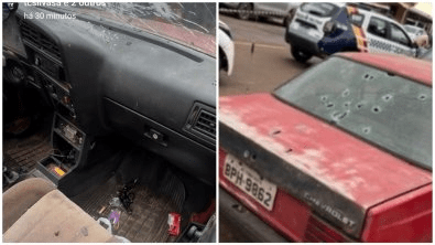 Ladrões são baleados em confronto com PMs; carro fica cravado de balas