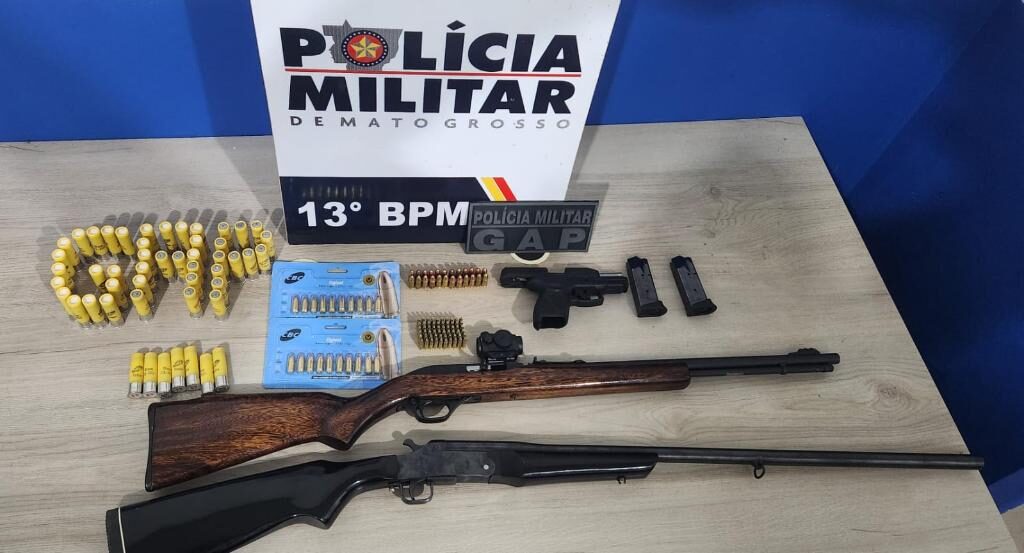 PM prende dois homens por porte ilegal de arma de fogo e apreende 154 munições em MT