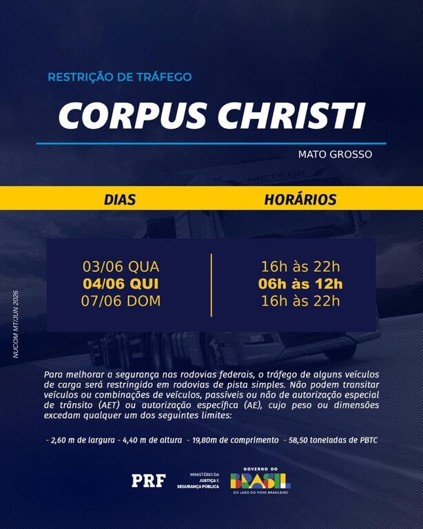 PRF intensifica fiscalização nas rodovias de Mato Grosso durante o feriado de Corpus Christi 2026